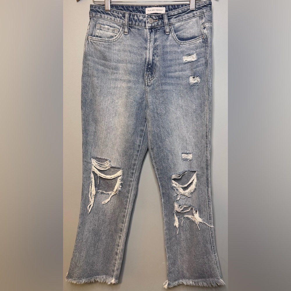Flying Monkey Distressed Straight Leg Jeans Size 28 Raw Hem Light Wash Denim